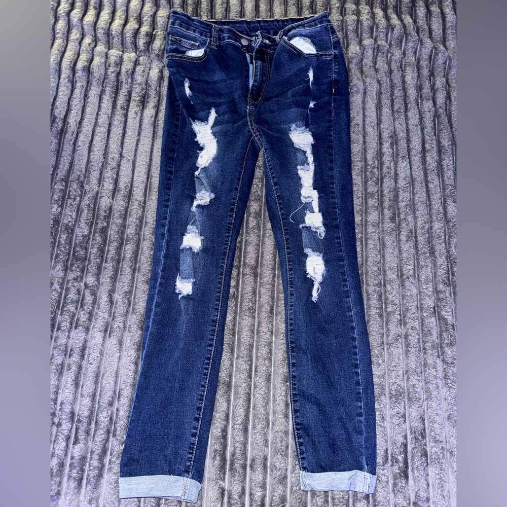 SHEIN Dark Blue Distressed Skinny Jeans